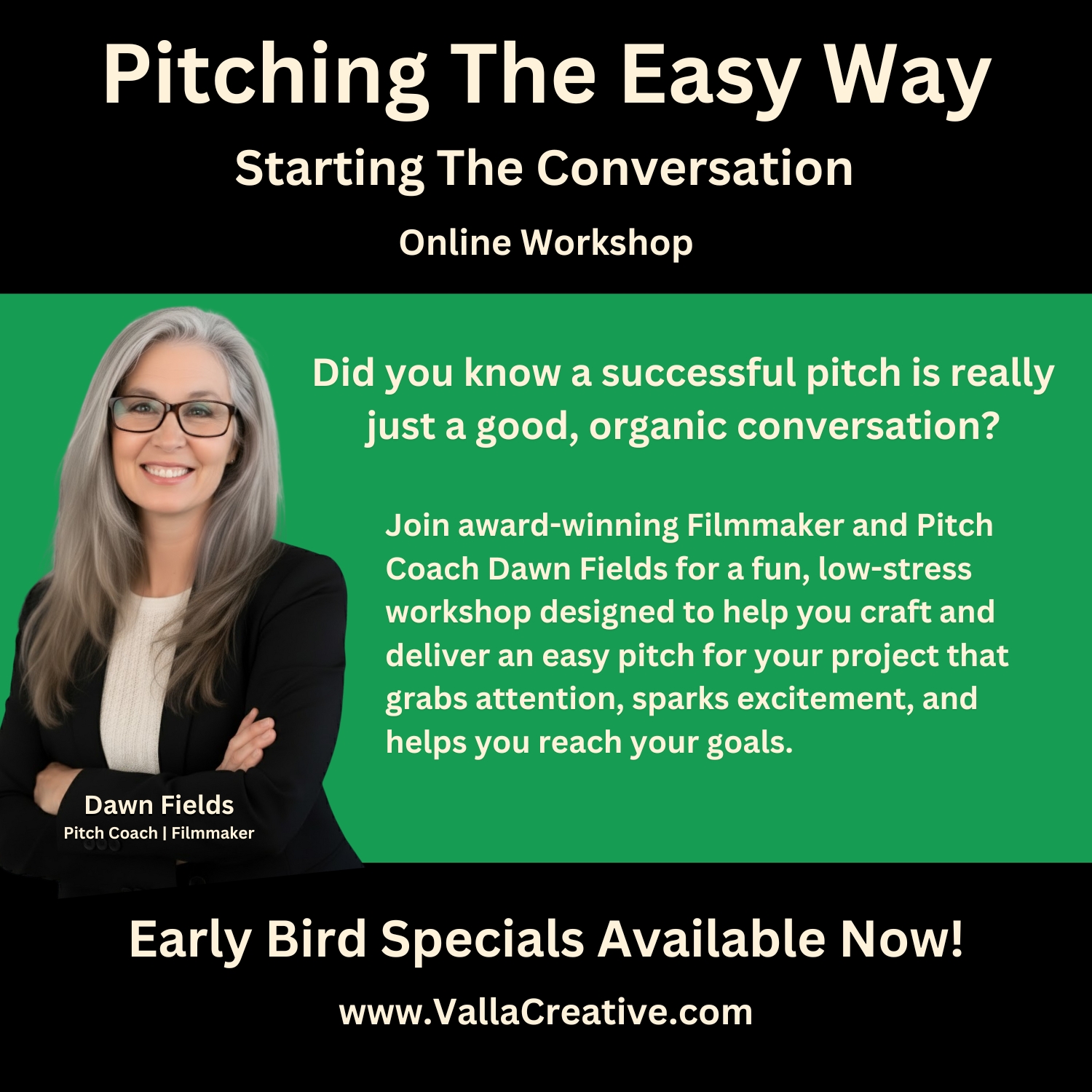 Pitch Square 01 getting to the point workshop promo image with woman pointing